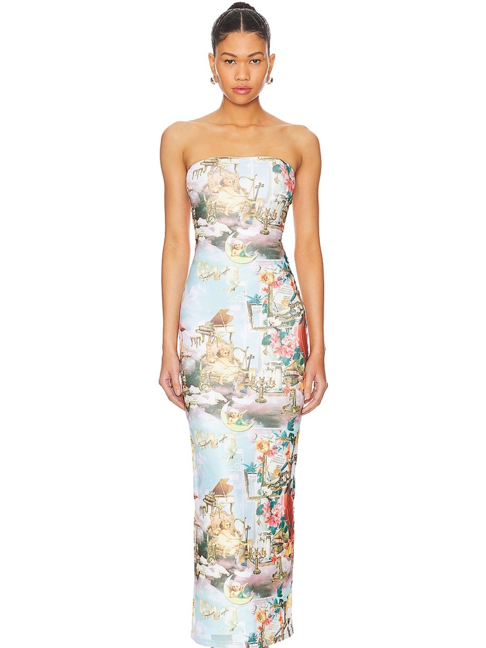 superdown Strapless Printed Column Maxi Dress in Multi-Color Scenic Print